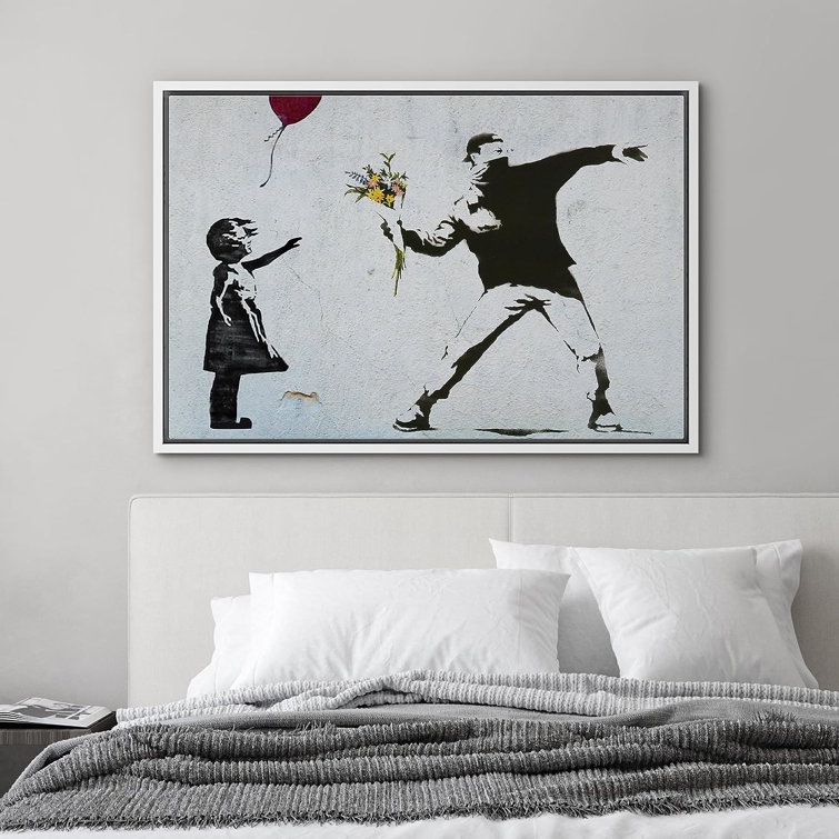 Pop Urban Street Banksy Flower Thrower And Balloon Girl Framed On Canvas  Print